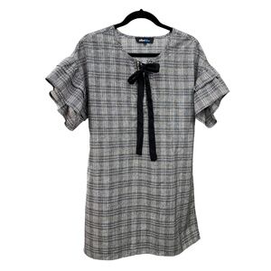 Aliceblue short black plaid short sleeve dress with ribbon for bow and ruffles o